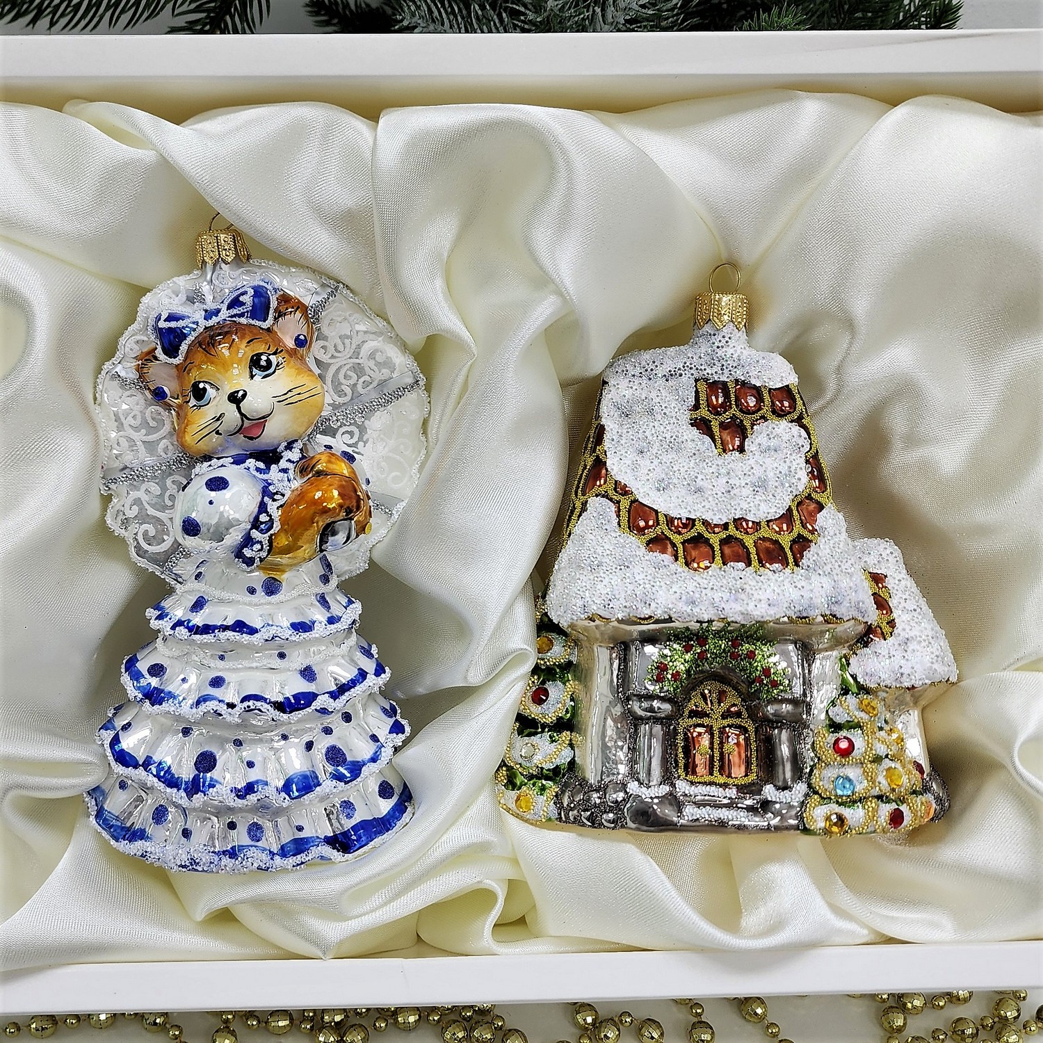фото Набор ёлочных игрушек Домик и кошка с зонтиком синий горох (Кошкин дом)