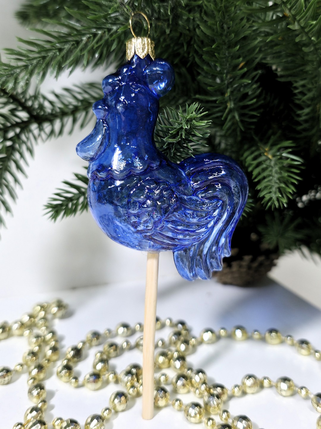 фото Стеклянная елочная игрушка Петушок на палочке