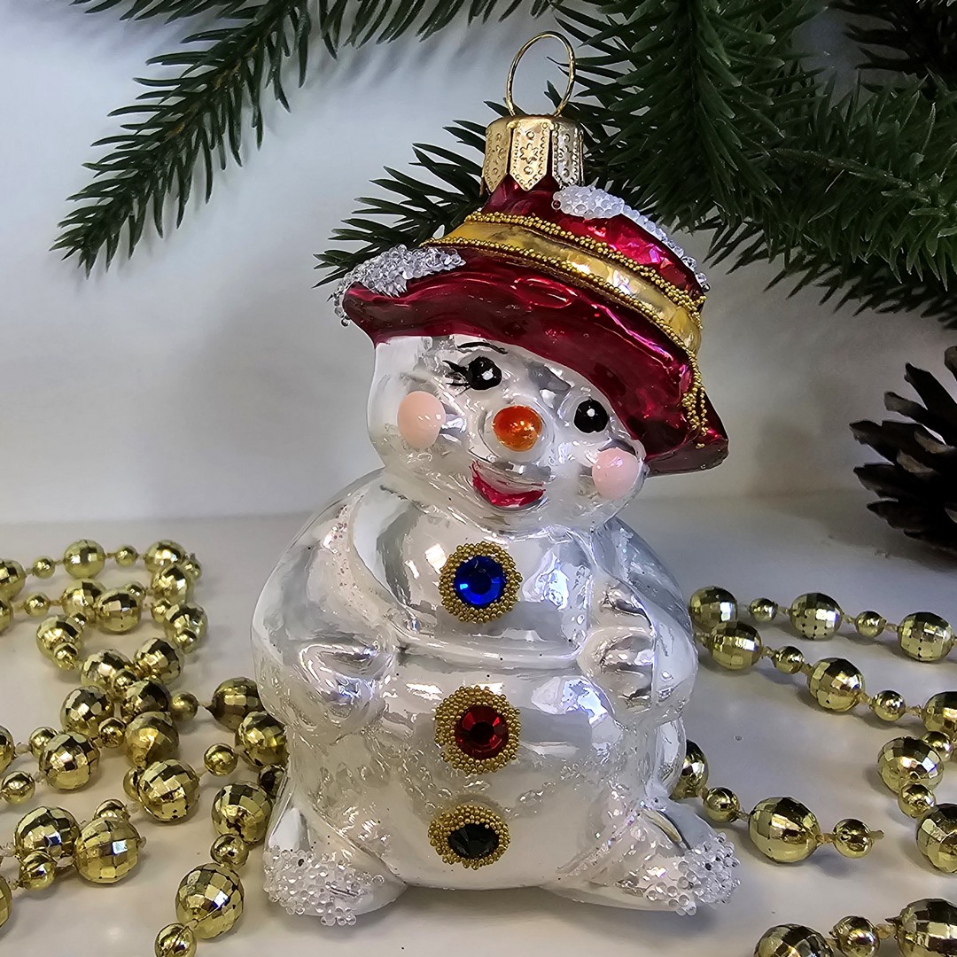 фото Стеклянная елочная игрушка Снеговик в шляпке