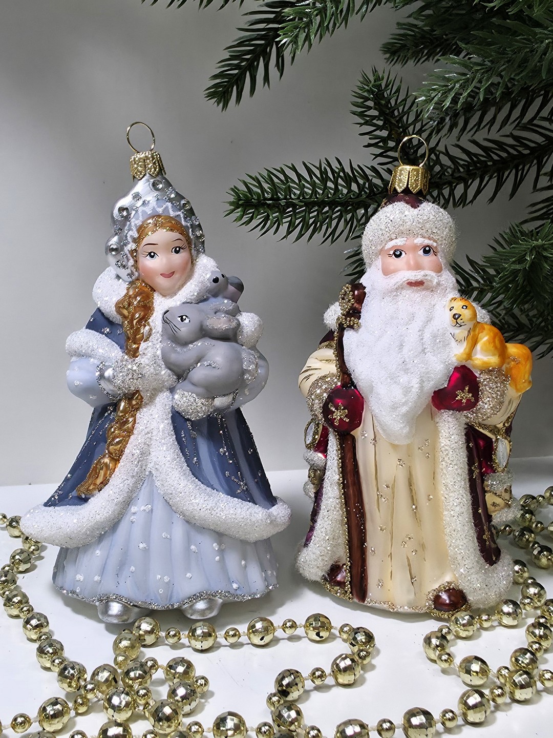 фото Набор ёлочных игрушек Дед Мороз с белкой и Снегурочка с зайцем