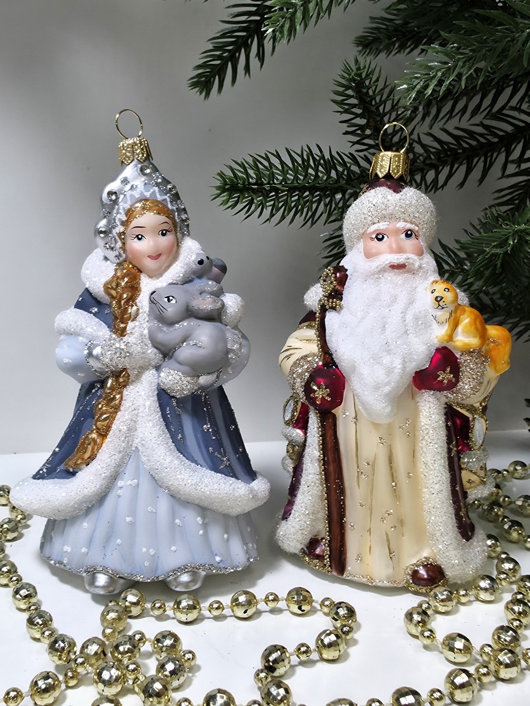 фото Набор ёлочных игрушек Дед Мороз с белкой и Снегурочка с зайцем