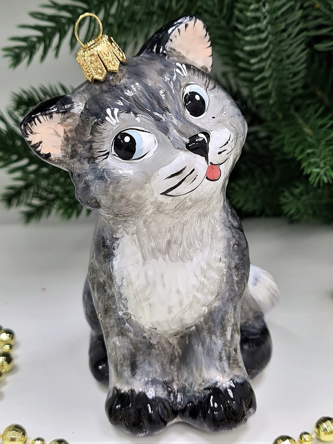 фото Стеклянная елочная игрушка Серый котик