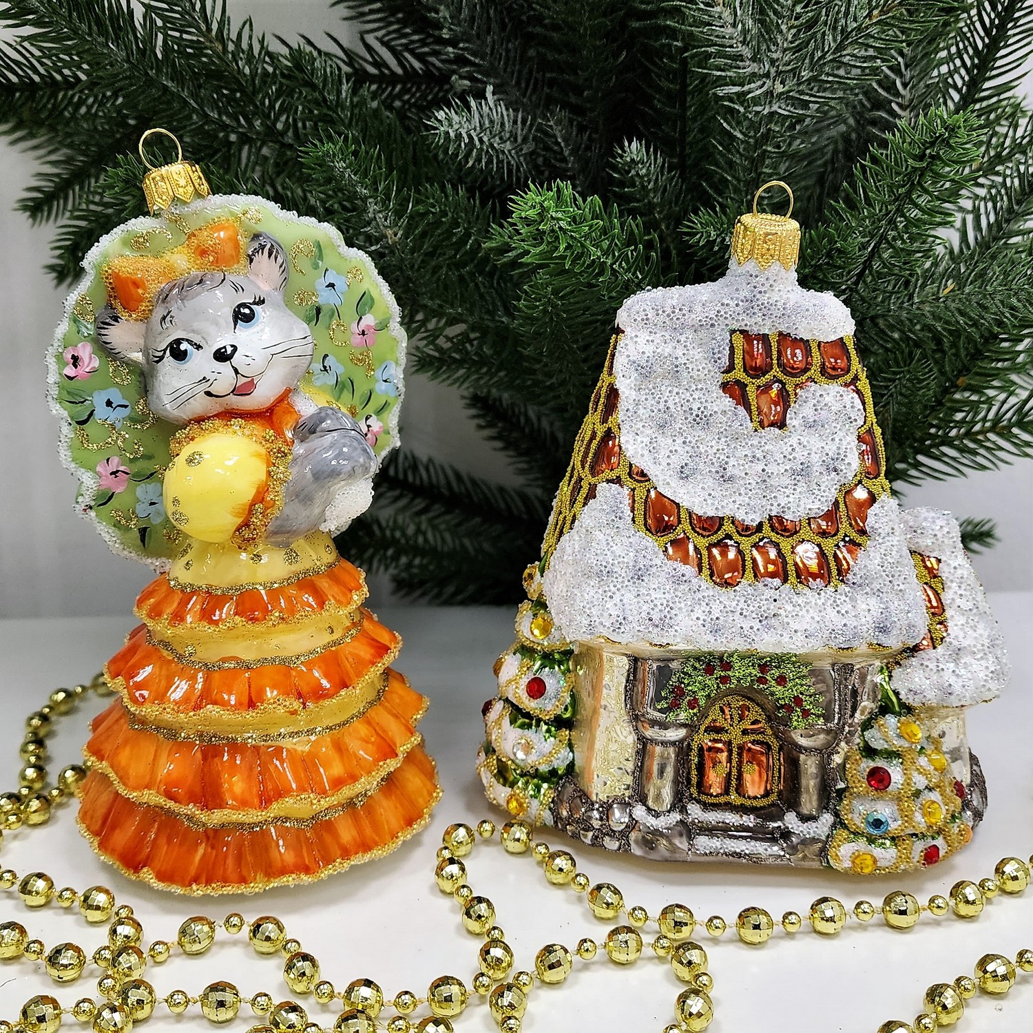 фото Набор ёлочных игрушек Домик и кошка с зонтиком оранж (Кошкин дом)