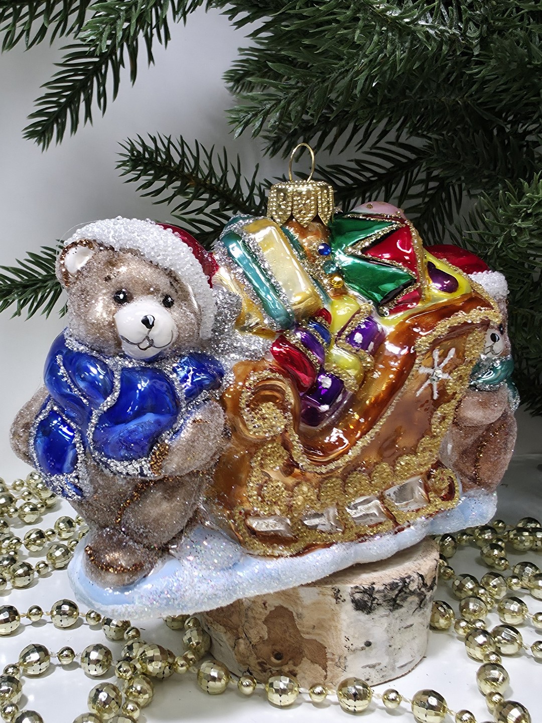 фото Стеклянная елочная игрушка Мишки тянут саночки