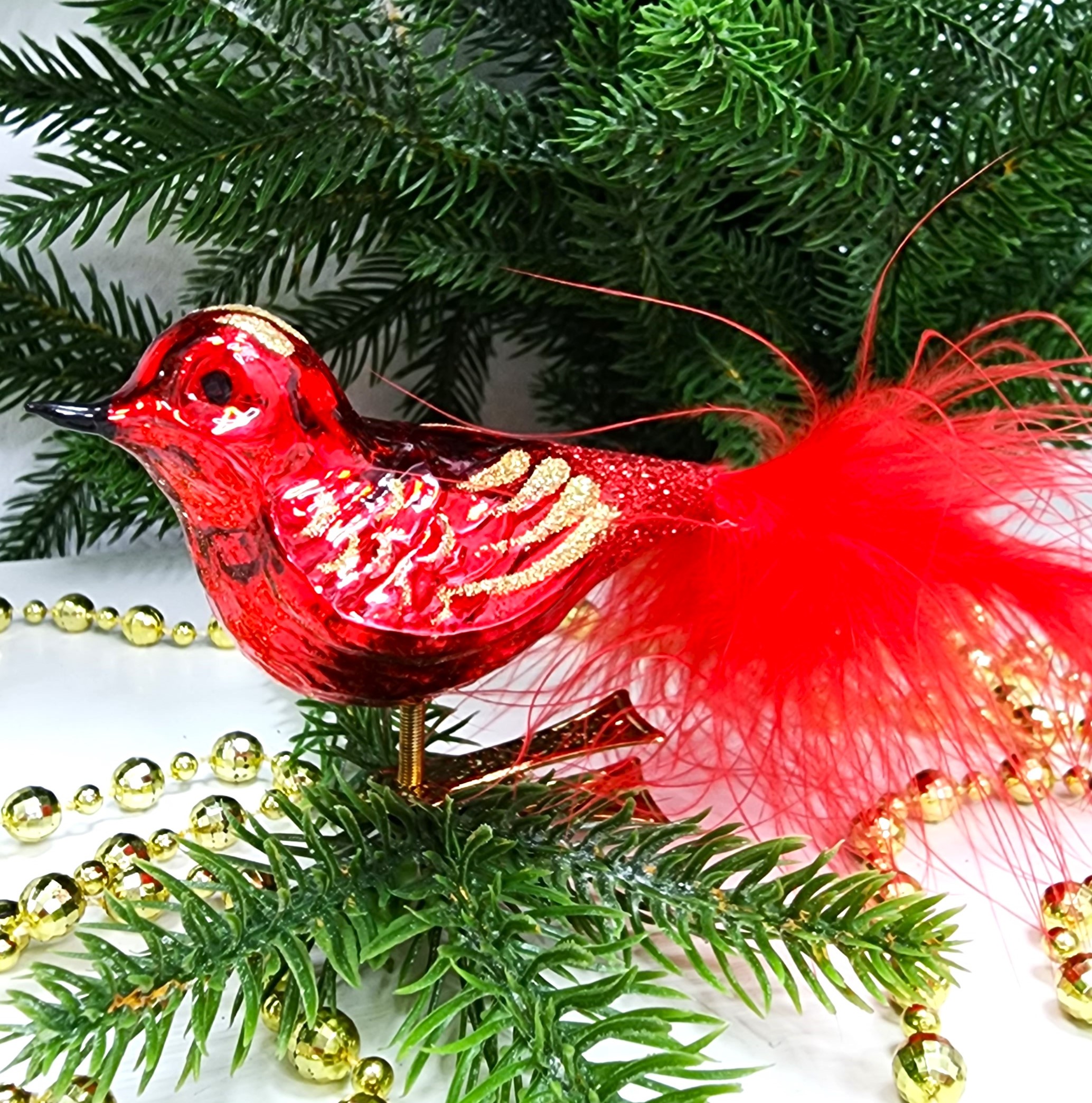 фото Стеклянная елочная игрушка Птичка на прищепке красная
