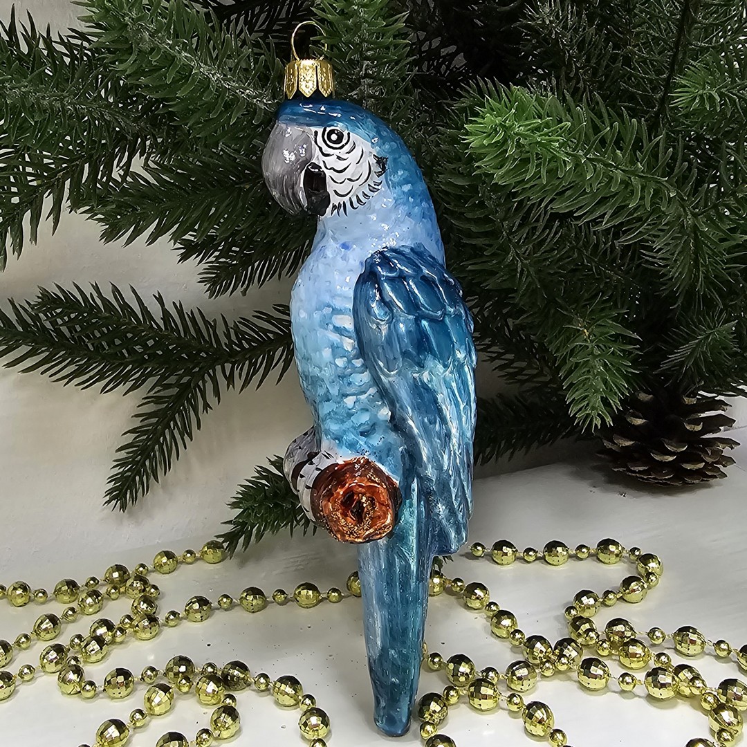 фото Стеклянная елочная игрушка Попугай голубой