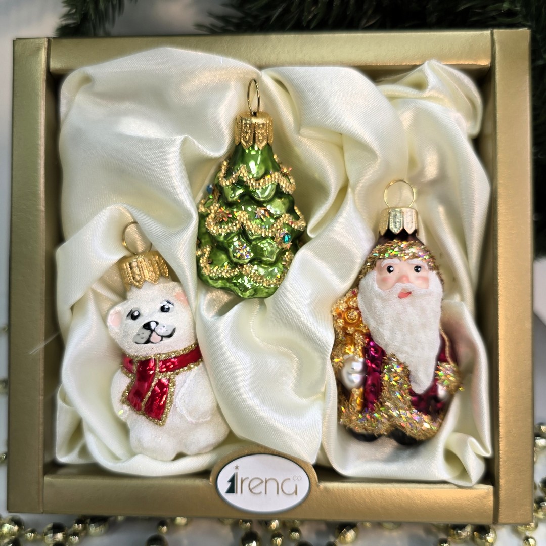 фото Набор стеклянных ёлочных игрушек Irena-Co Дед Мороз, елочка и мишка