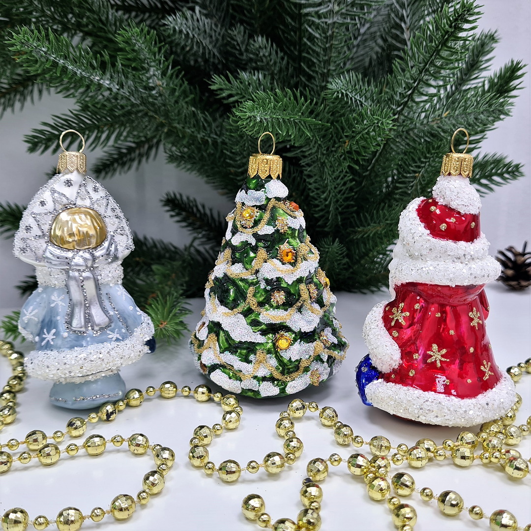 фото Набор ёлочных игрушек Дед Мороз, Снегурочка и елочка