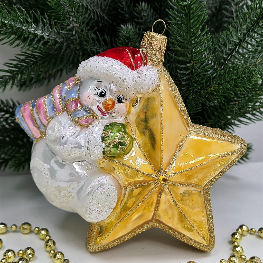 фото Стеклянная елочная игрушка Снеговик со звездой