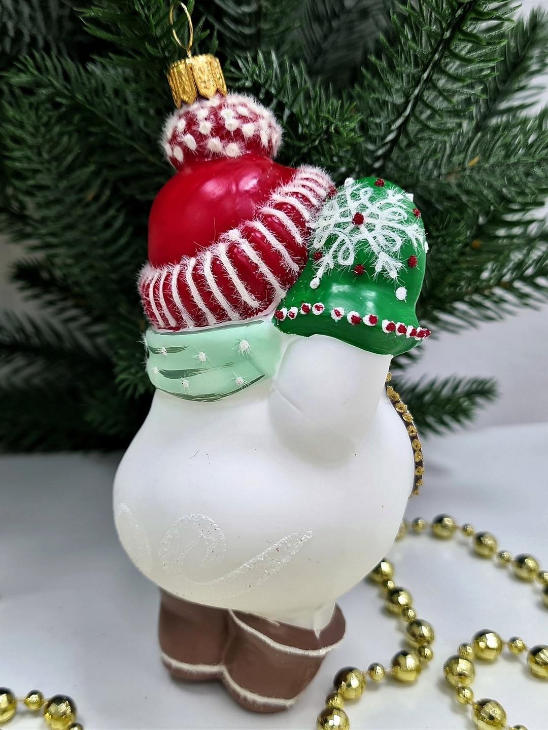 фото Стеклянная елочная игрушка Снеговик с часиками