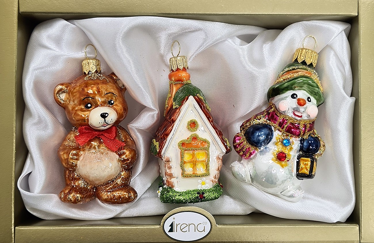 фото Набор ёлочных игрушек Мишка, снеговик и домик