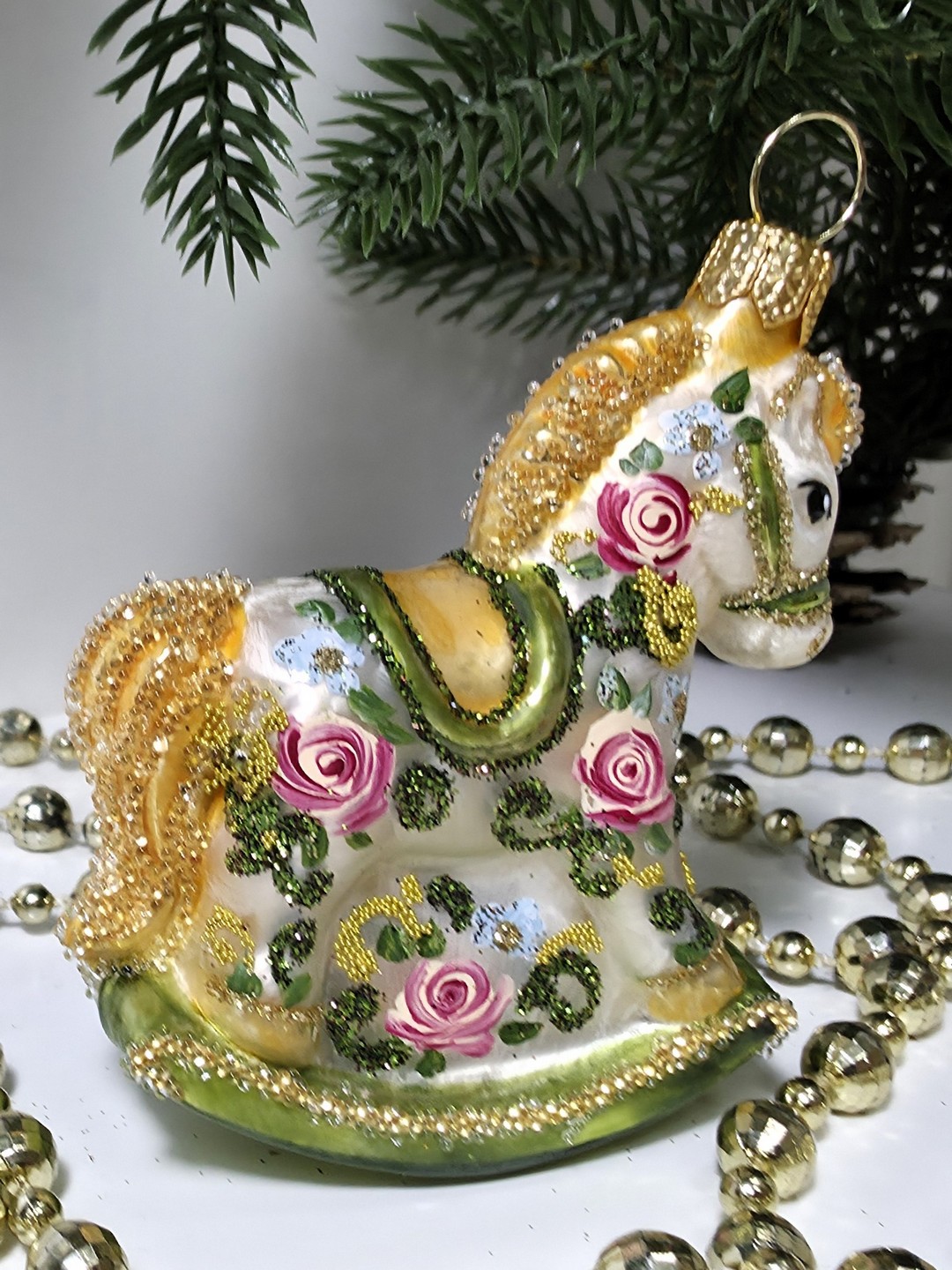 фото Стеклянная елочная игрушка Лошадка качалка Версаль