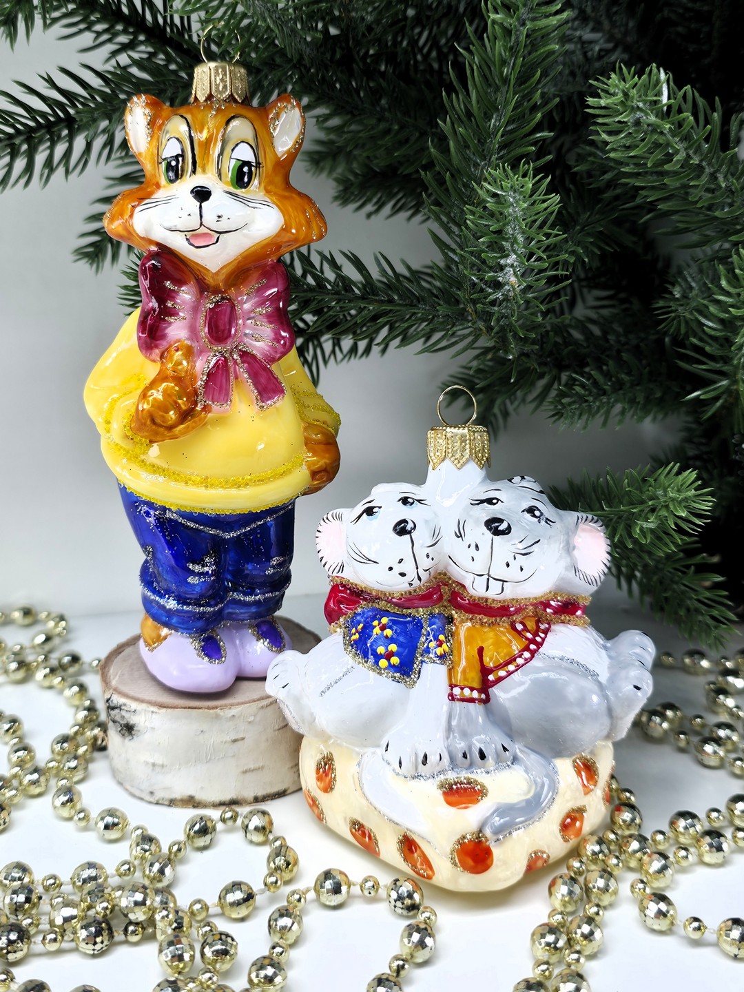 фото Набор елочных игрушек Кот с бантом и мыши на сыре