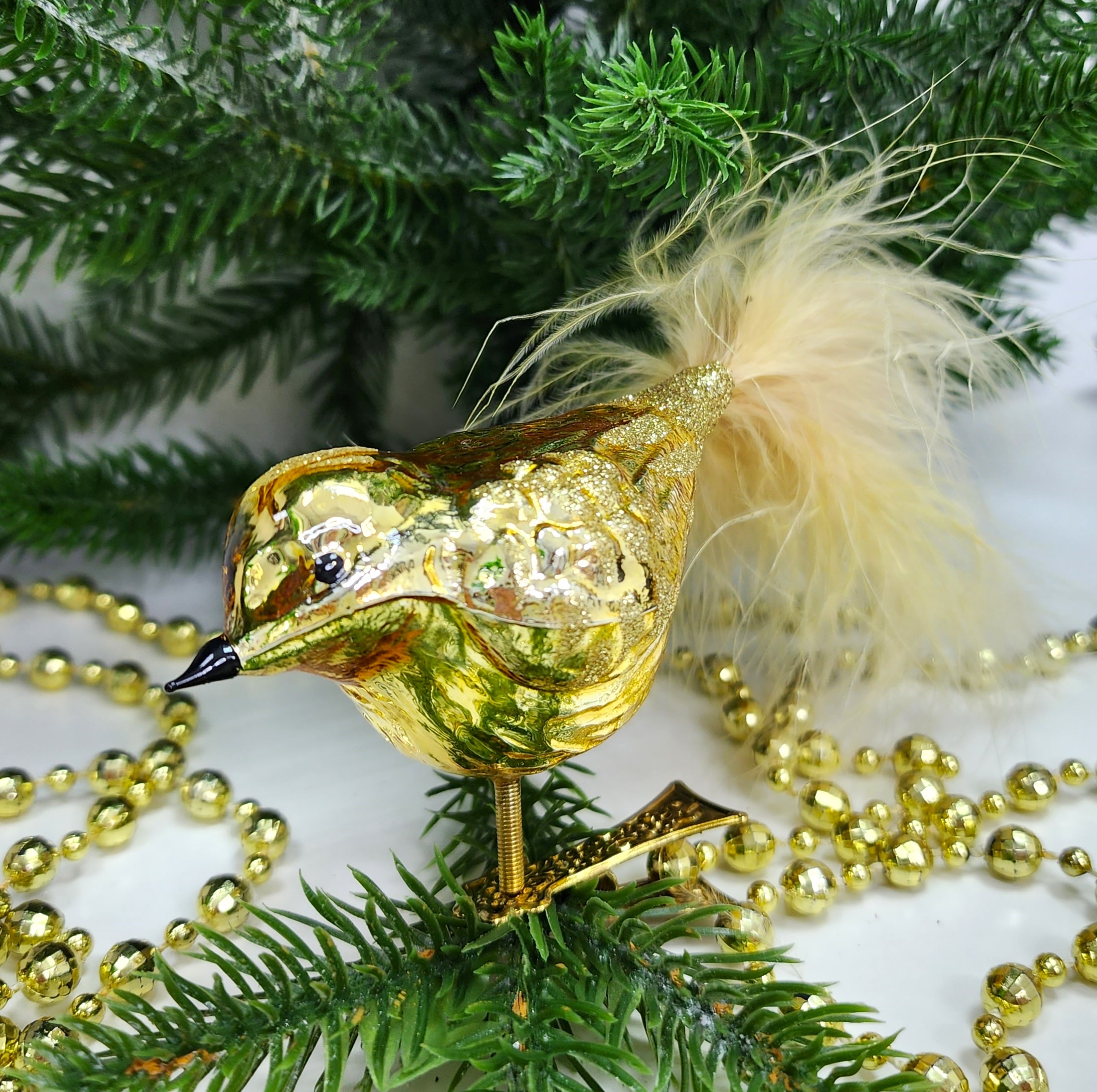 фото Стеклянная елочная игрушка Птичка на прищепке золотая