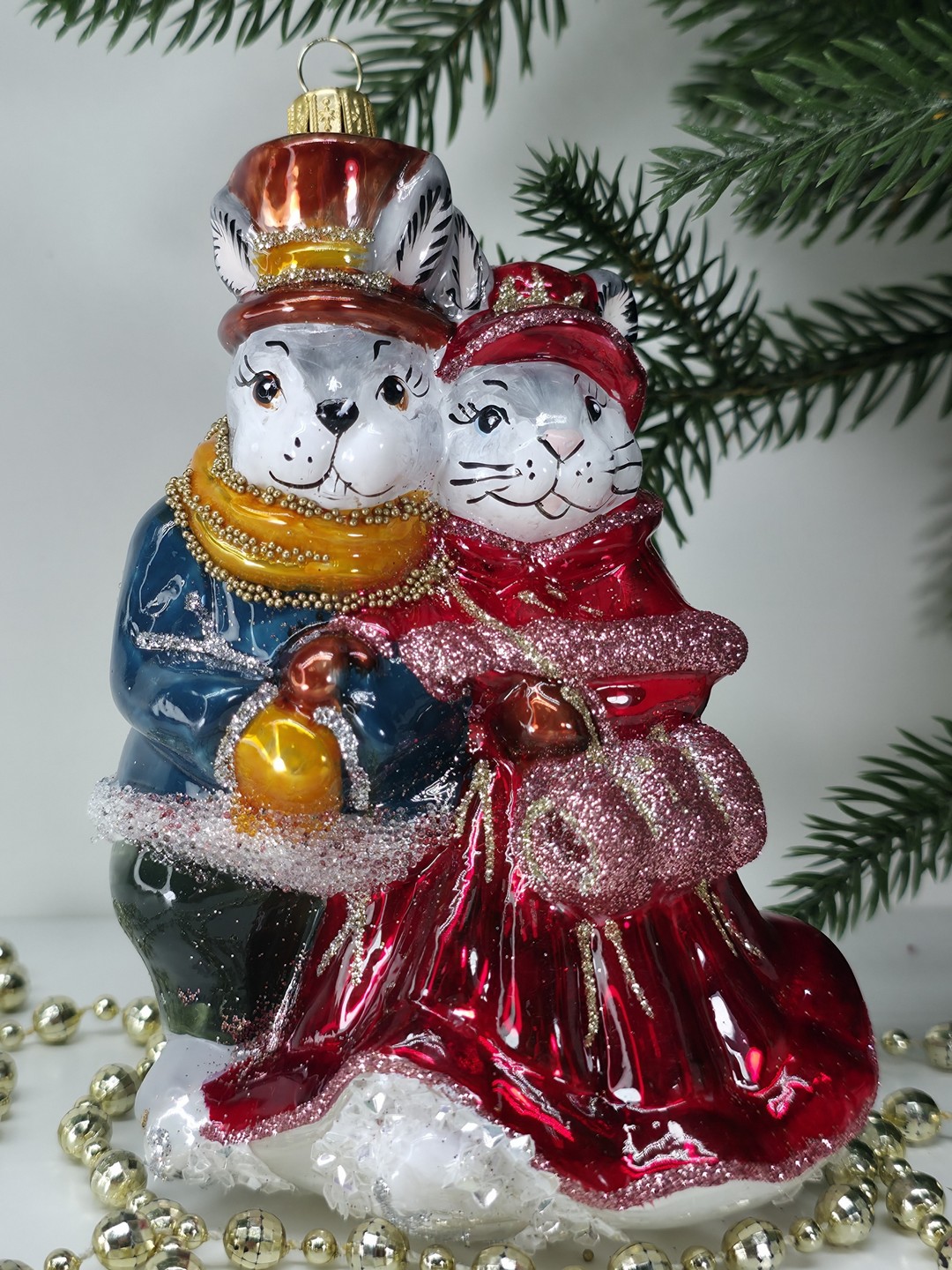 фото Стеклянная елочная игрушка Парочка Зайчат