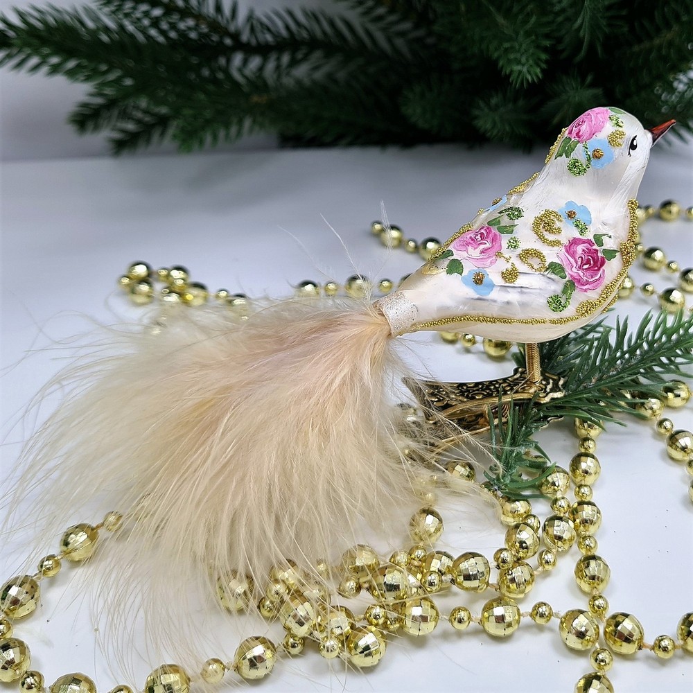 фото Стеклянная елочная игрушка Птичка на прищепке-2 Версаль