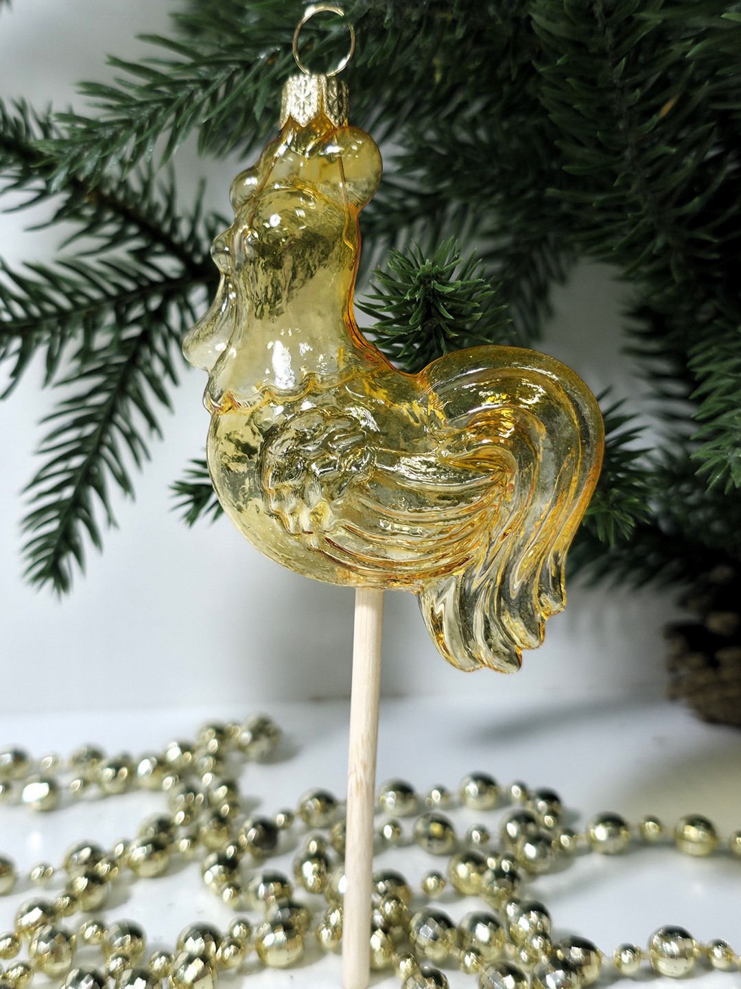 фото Стеклянная елочная игрушка Петушок на палочке