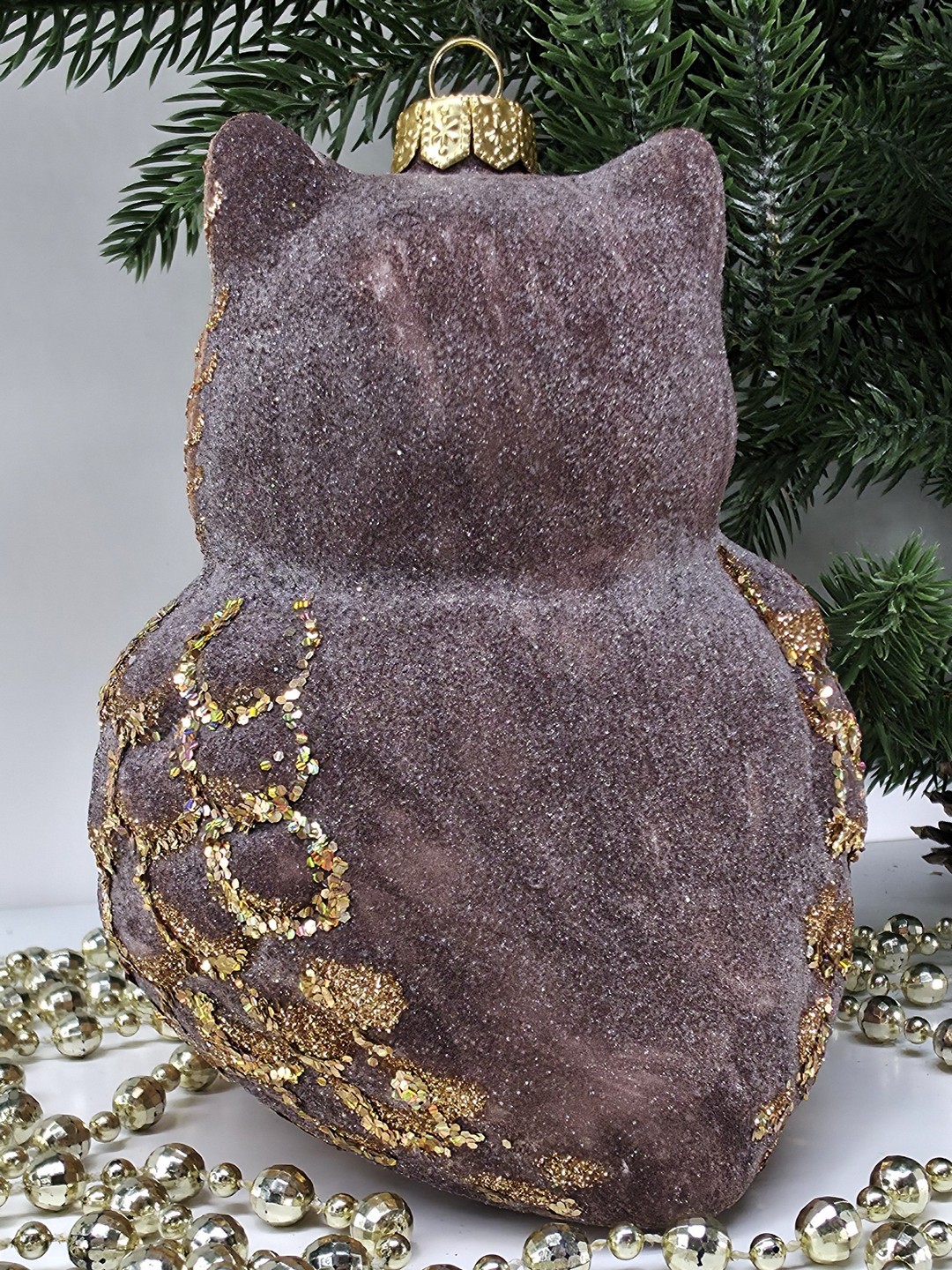 фото Стеклянная елочная игрушка Сова большая коричневая