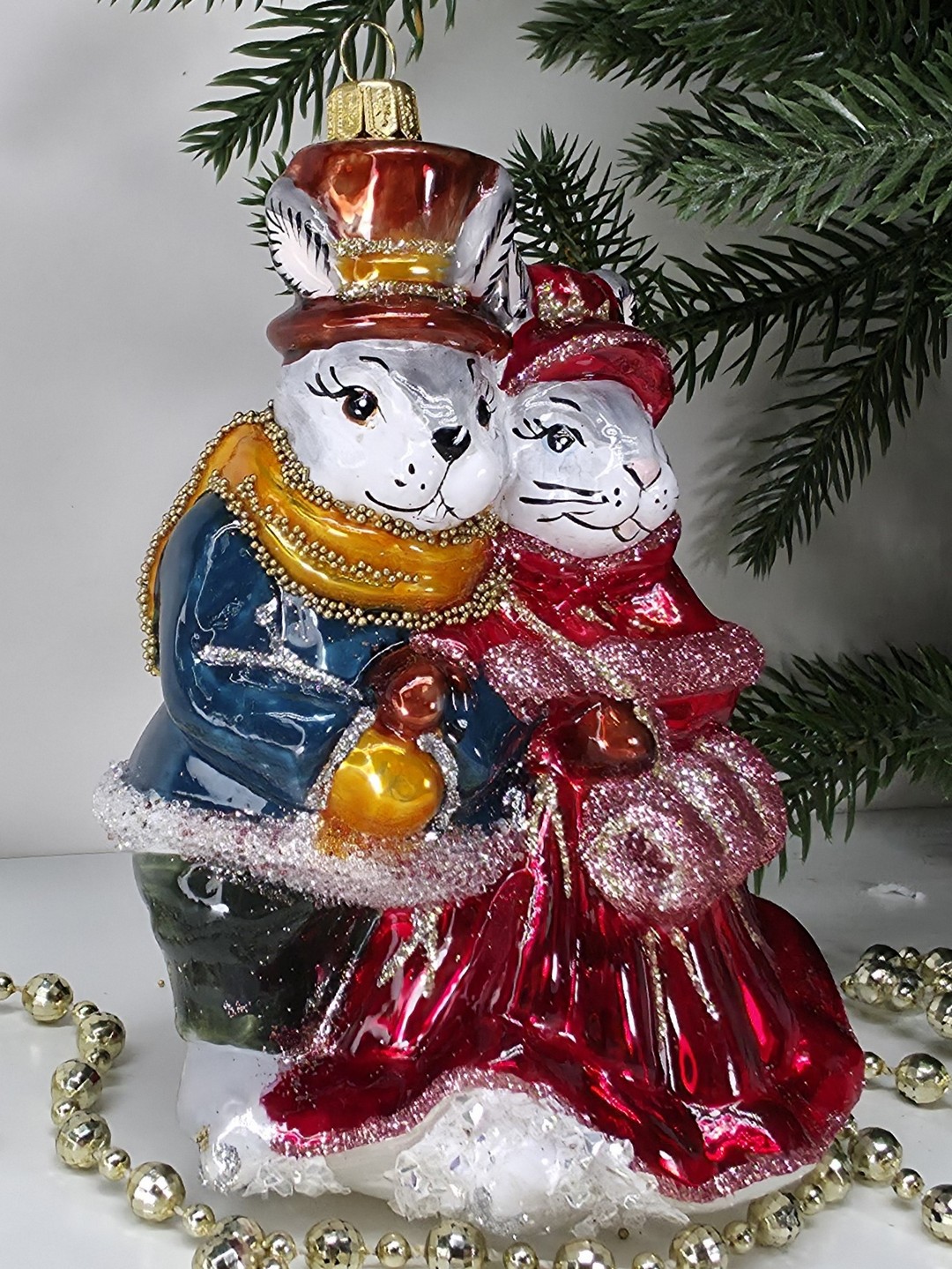 фото Стеклянная елочная игрушка Парочка Зайчат