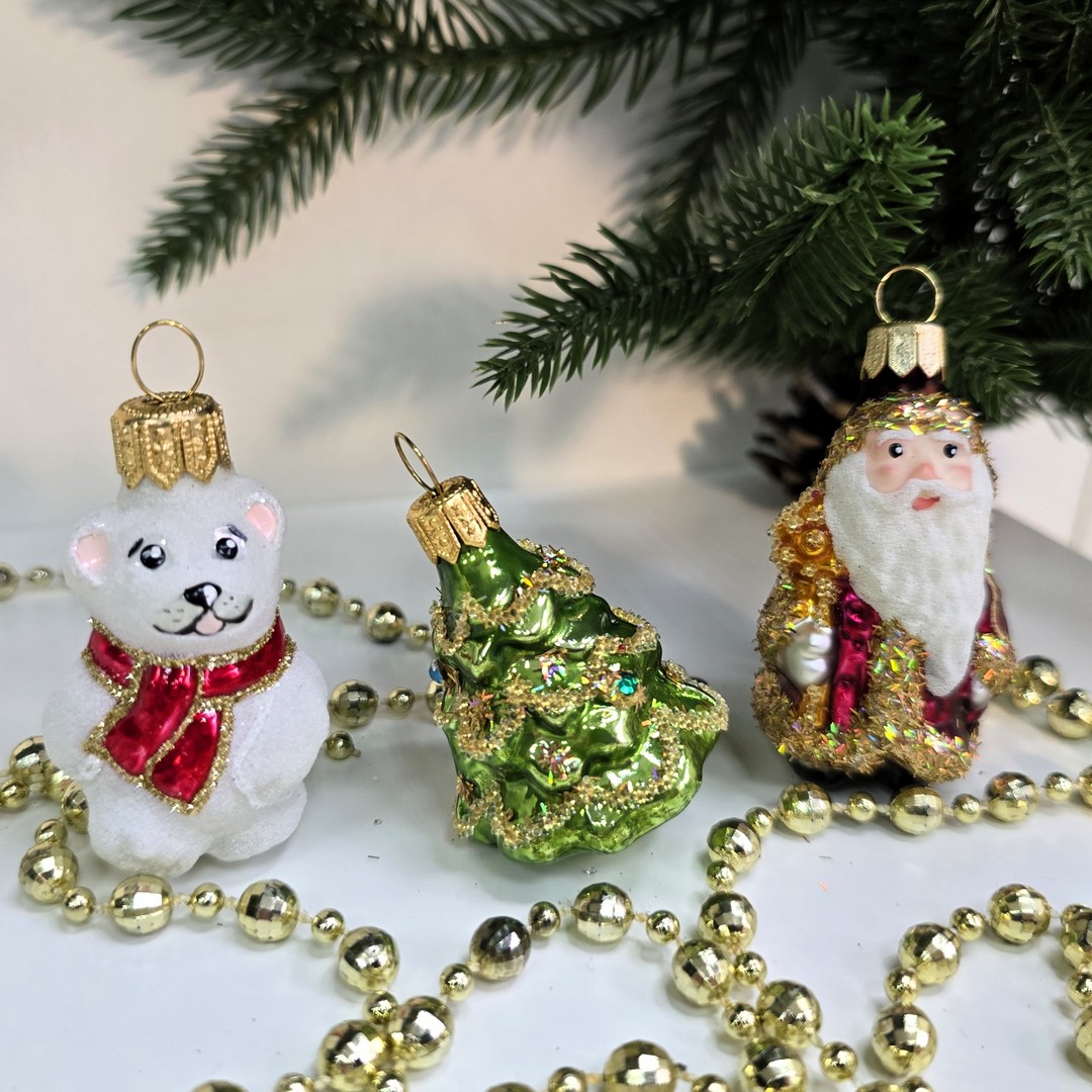 фото Набор стеклянных ёлочных игрушек Irena-Co Дед Мороз, елочка и мишка