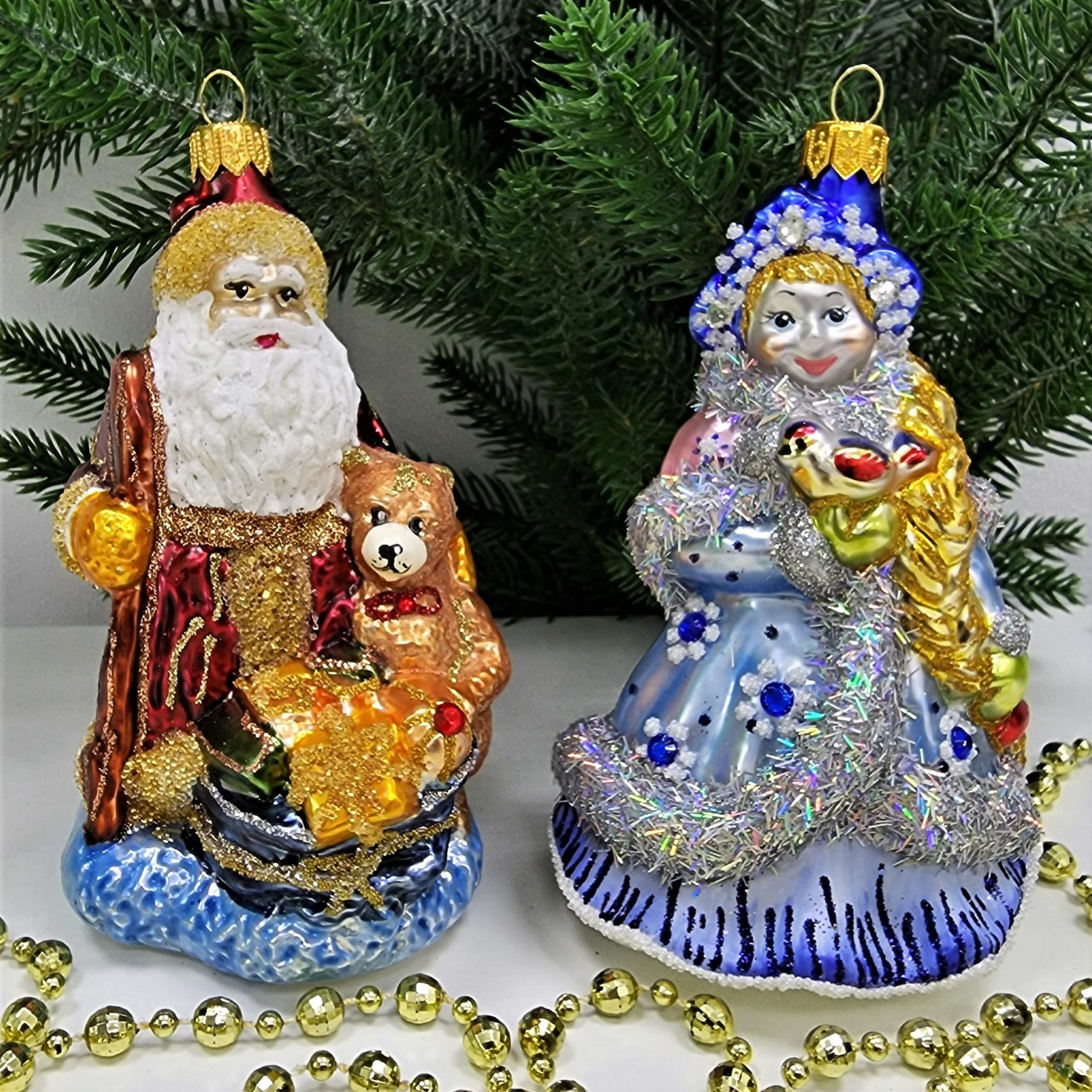 фото Набор ёлочных игрушек Дед Мороз с мишкой и Снегурочка