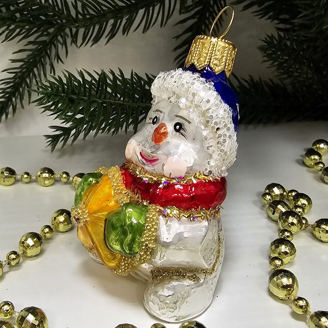 фото Стеклянная елочная игрушка Снеговик со звездочкой