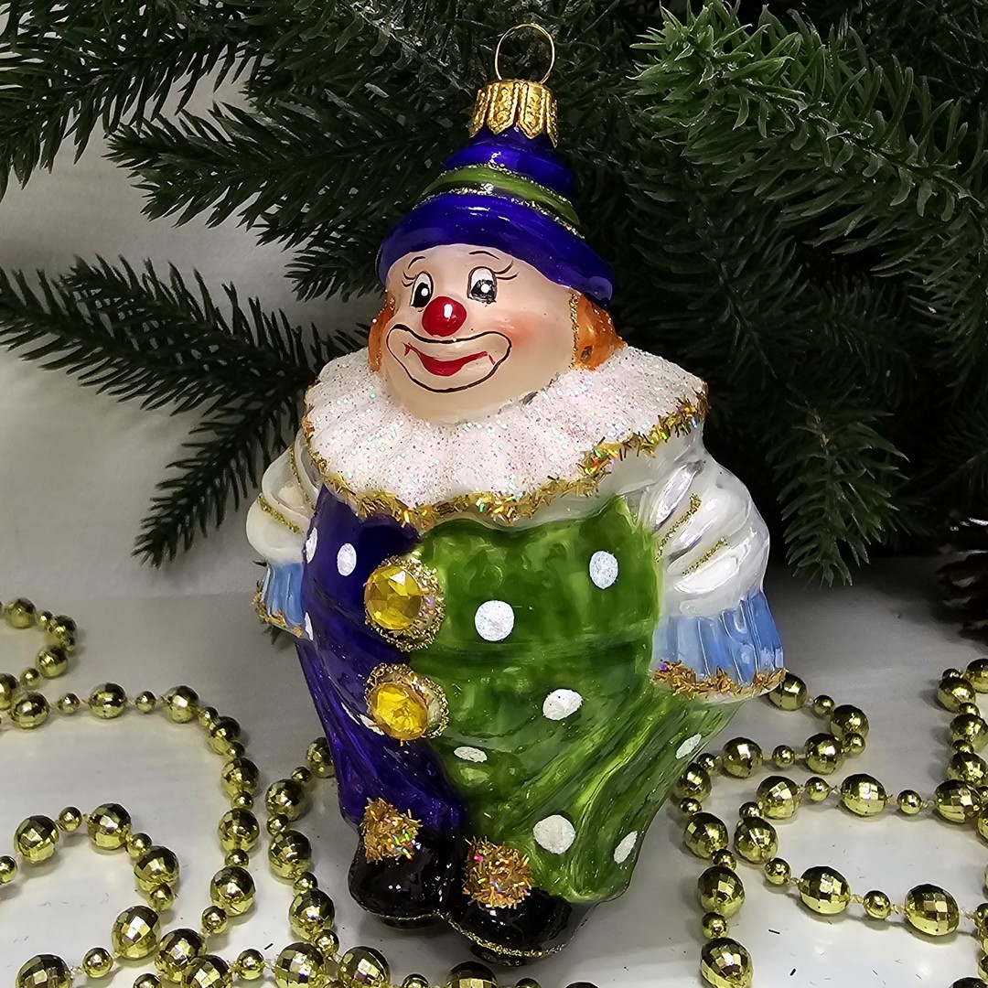 фото Стеклянная елочная игрушка Клоун в жабо
