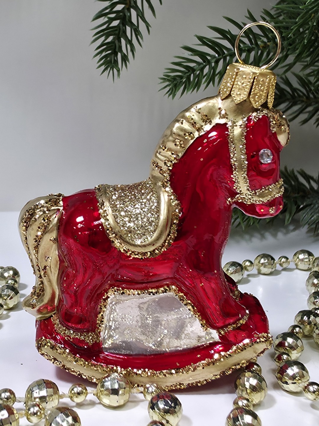 фото Стеклянная елочная игрушка Лошадка качалка