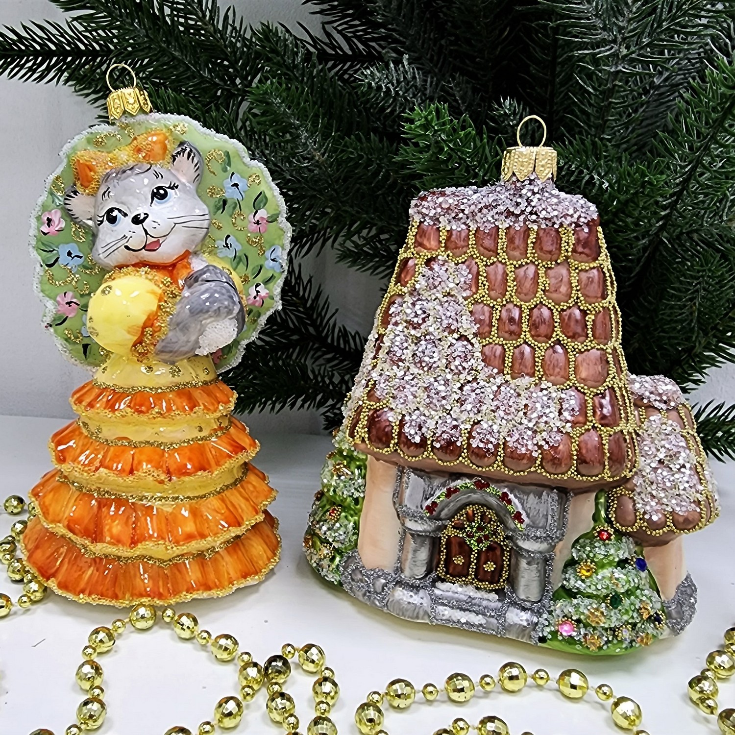 фото Набор ёлочных игрушек Дом и Кошка с зонтиком оранж