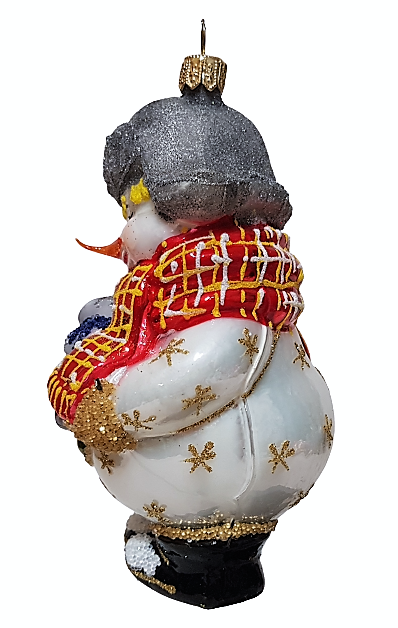 фото Стеклянная елочная игрушка Снеговик с зайчиком