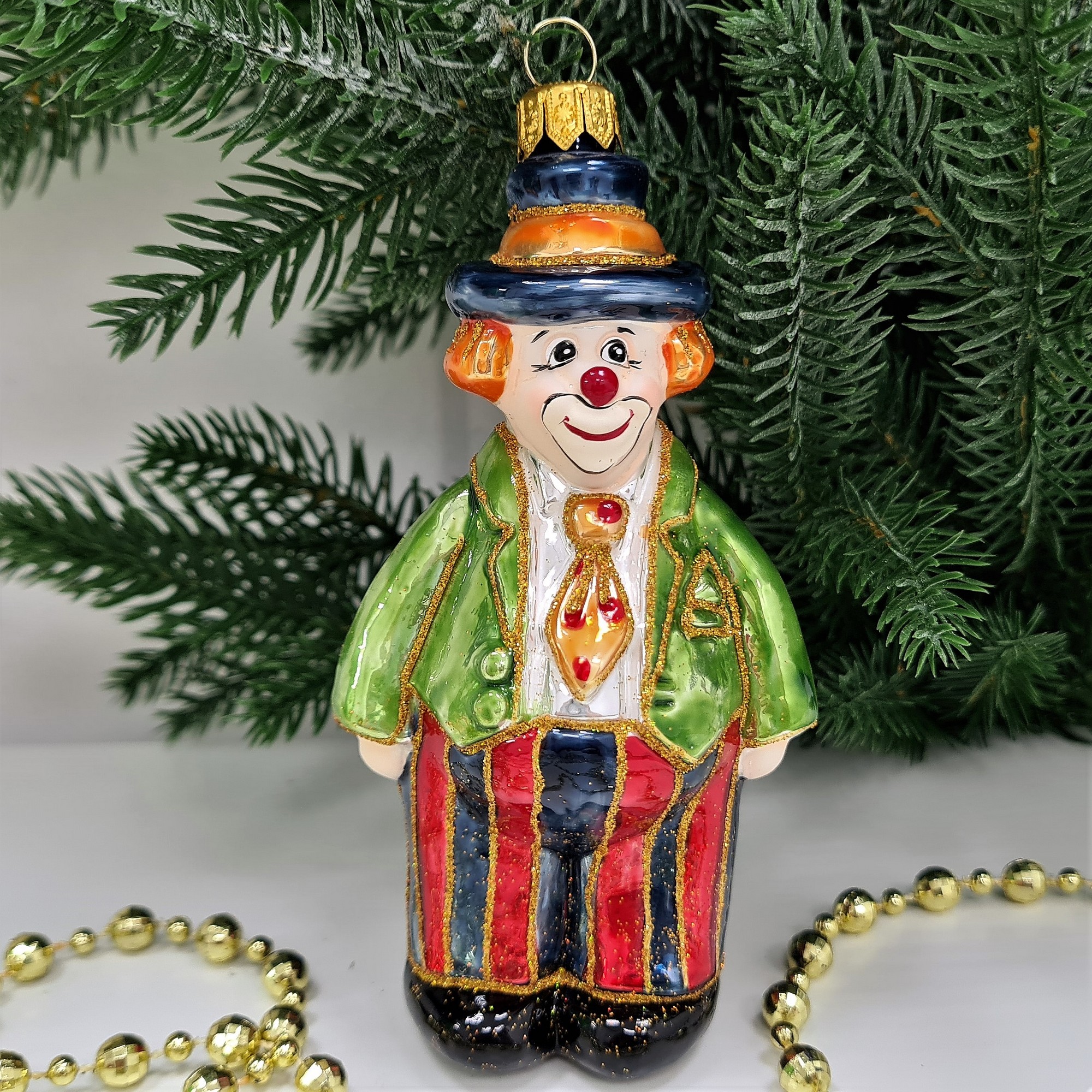 фото Стеклянная елочная игрушка Клоун в галстуке