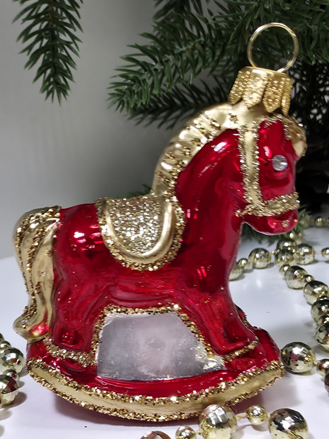 фото Стеклянная елочная игрушка Лошадка качалка