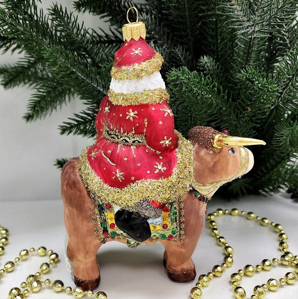 фото Стеклянная елочная игрушка Дед Мороз на быке