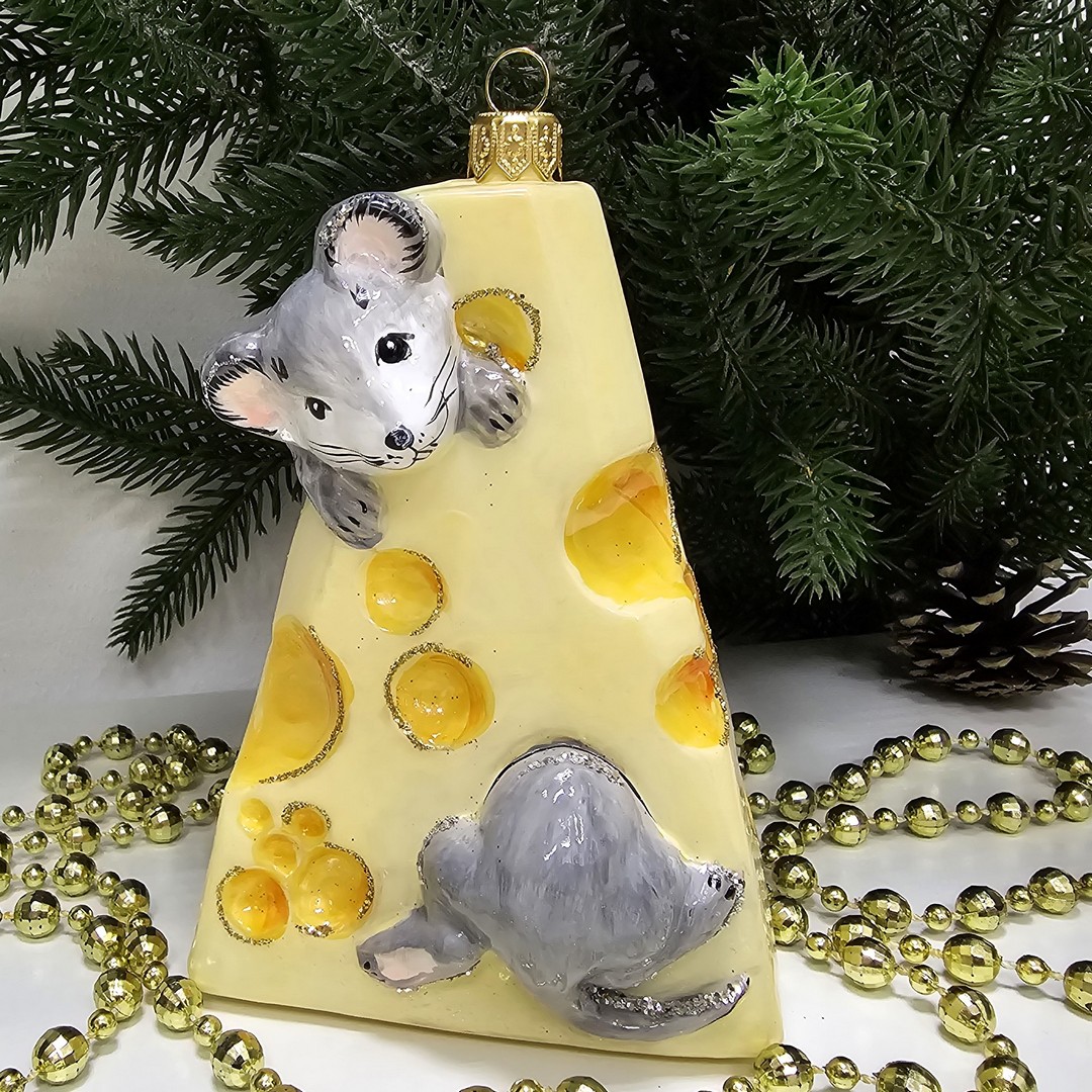 фото Стеклянная елочная игрушка Мыши в сыре