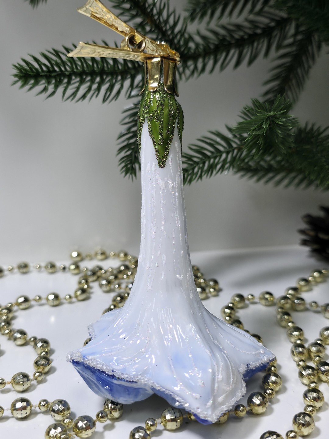 фото Стеклянная елочная игрушка Цветочек на прищепке