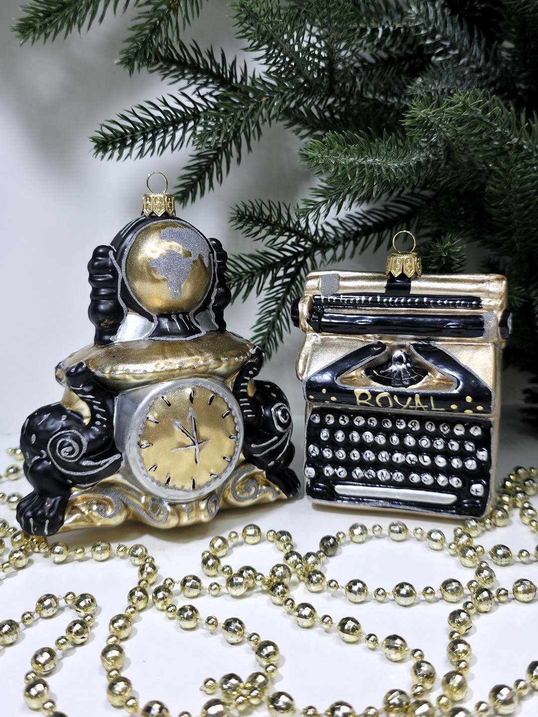 фото Набор ёлочных игрушек Часы с глобусом и печатная машинка ретро