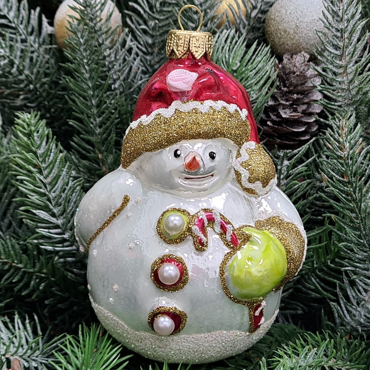 фото Стеклянная елочная игрушка Снеговик с носиком средний