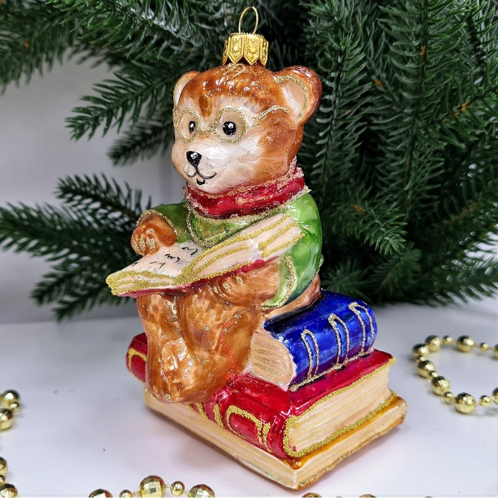 фото Стеклянная елочная игрушка Мишка с книгой коричневый