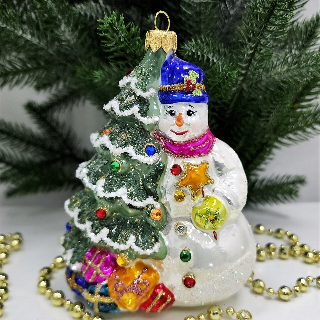 фото Стеклянная елочная игрушка Снеговик с елкой