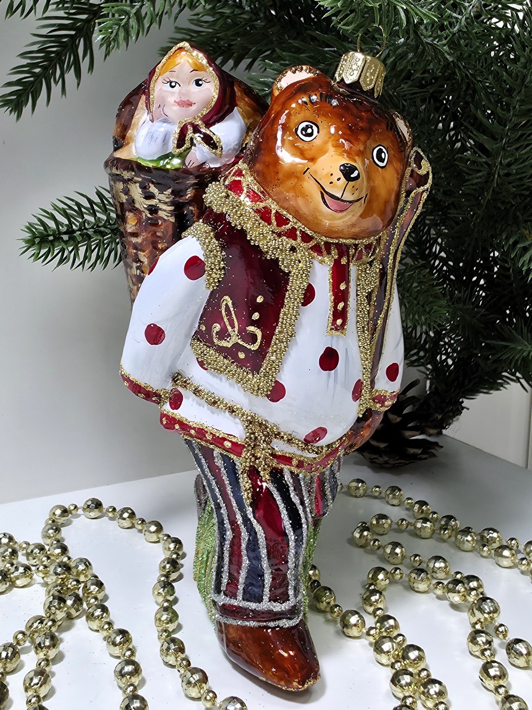 фото Стеклянная елочная игрушка Мишка с девочкой