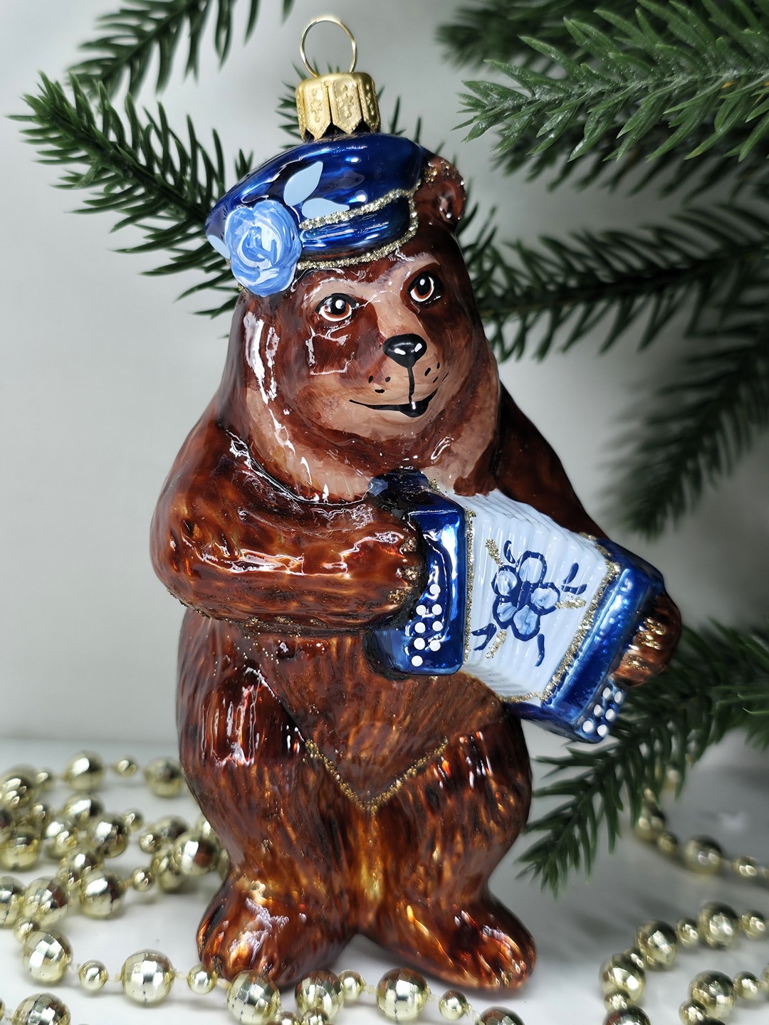 фото Стеклянная елочная игрушка Мишка с гармошкой 2