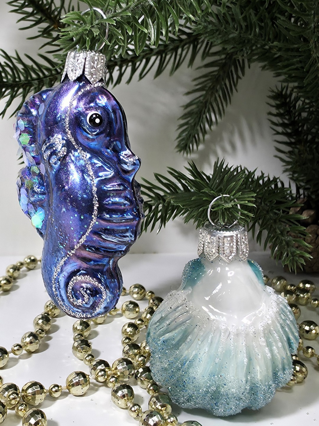 фото Набор ёлочных игрушек Морской конек и ракушка