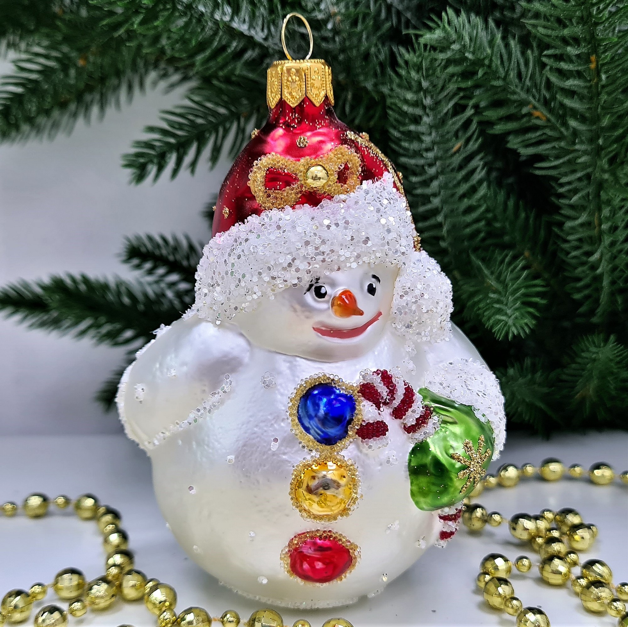 фото Стеклянная елочная игрушка Снеговик