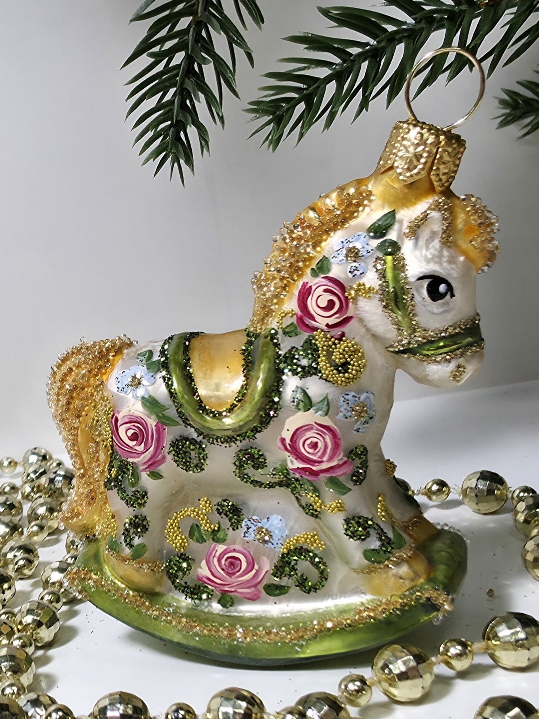 фото Стеклянная елочная игрушка Лошадка качалка Версаль