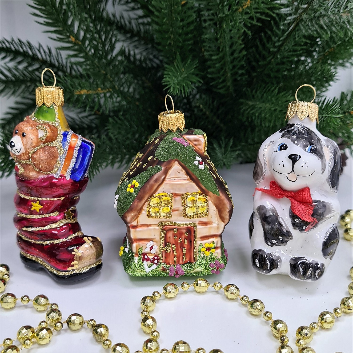 фото Набор ёлочных игрушек Ботинок с подарками, домик и щенок