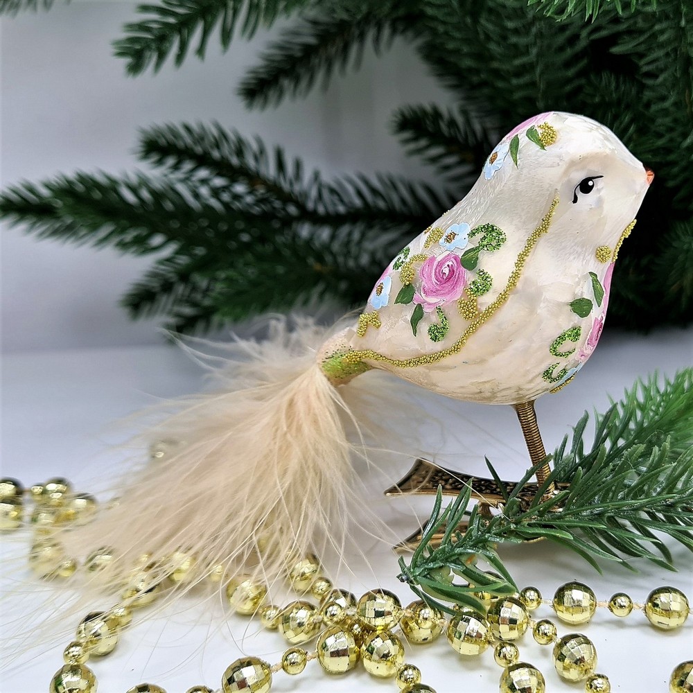 фото Стеклянная елочная игрушка Птичка на прищепке Версаль