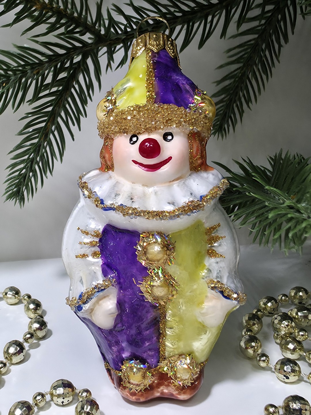 фото Стеклянная елочная игрушка Клоун в жабо малый