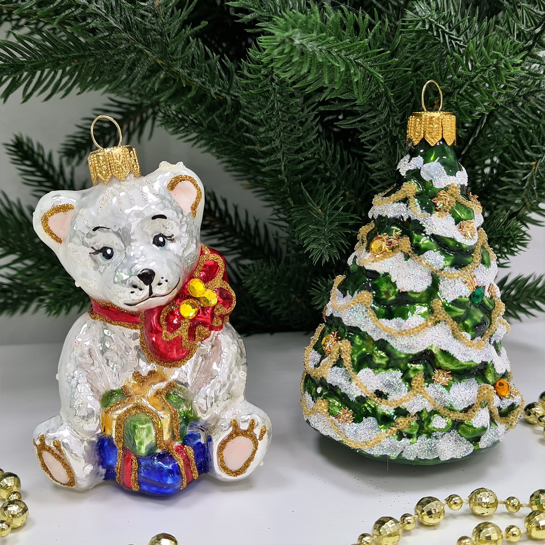 фото Набор ёлочных игрушек Мишка с подарками и елка