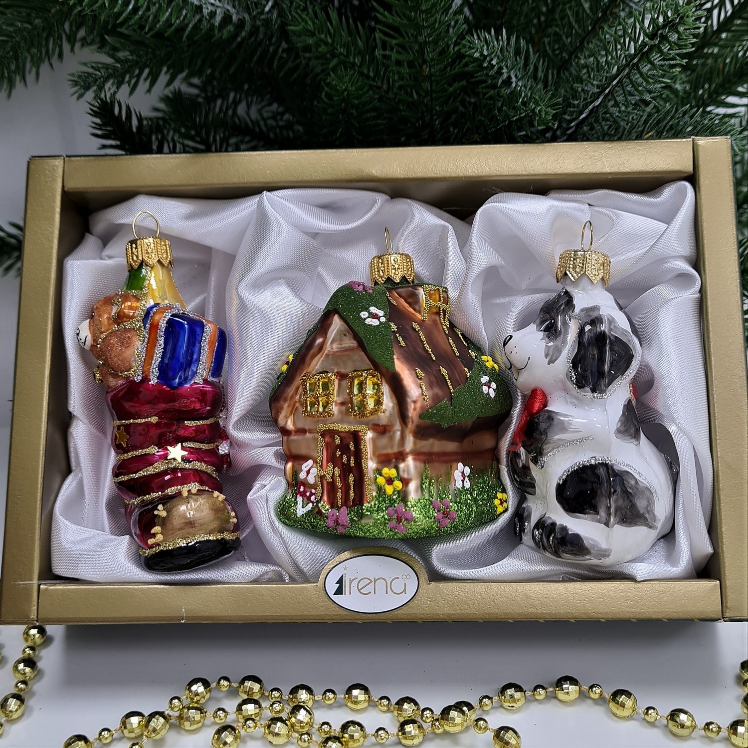 фото Набор ёлочных игрушек Ботинок с подарками, домик и щенок