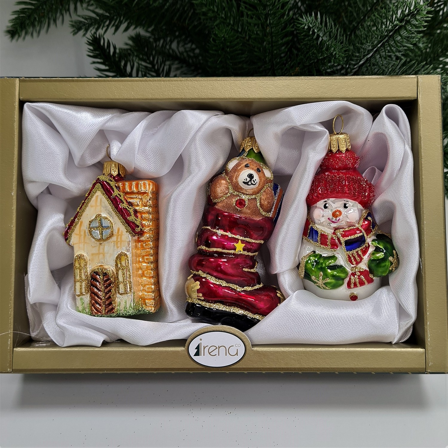 фото Набор ёлочных игрушек Ботинок с подарками, снеговик и домик